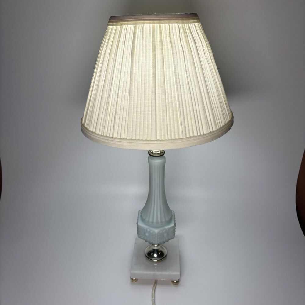 Vintage Glass Lamp With Marble Base Blue Brass Silver